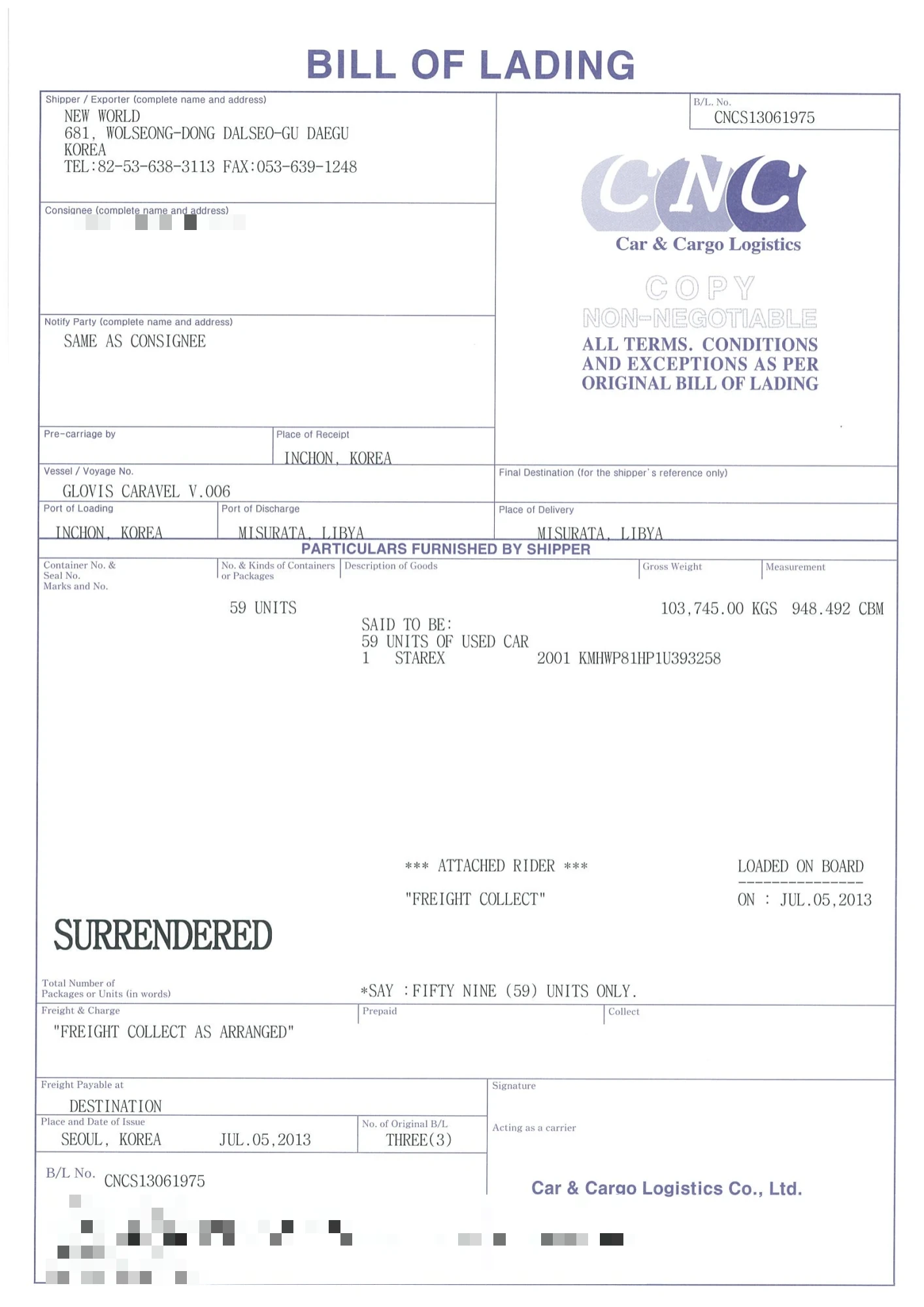 Bill of Lading sample 2